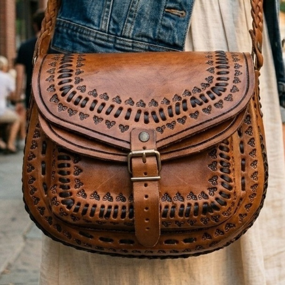 Hand Tooled Leather Crossbody Saddle Bag Bohemian Western Whipstitch UNUSED